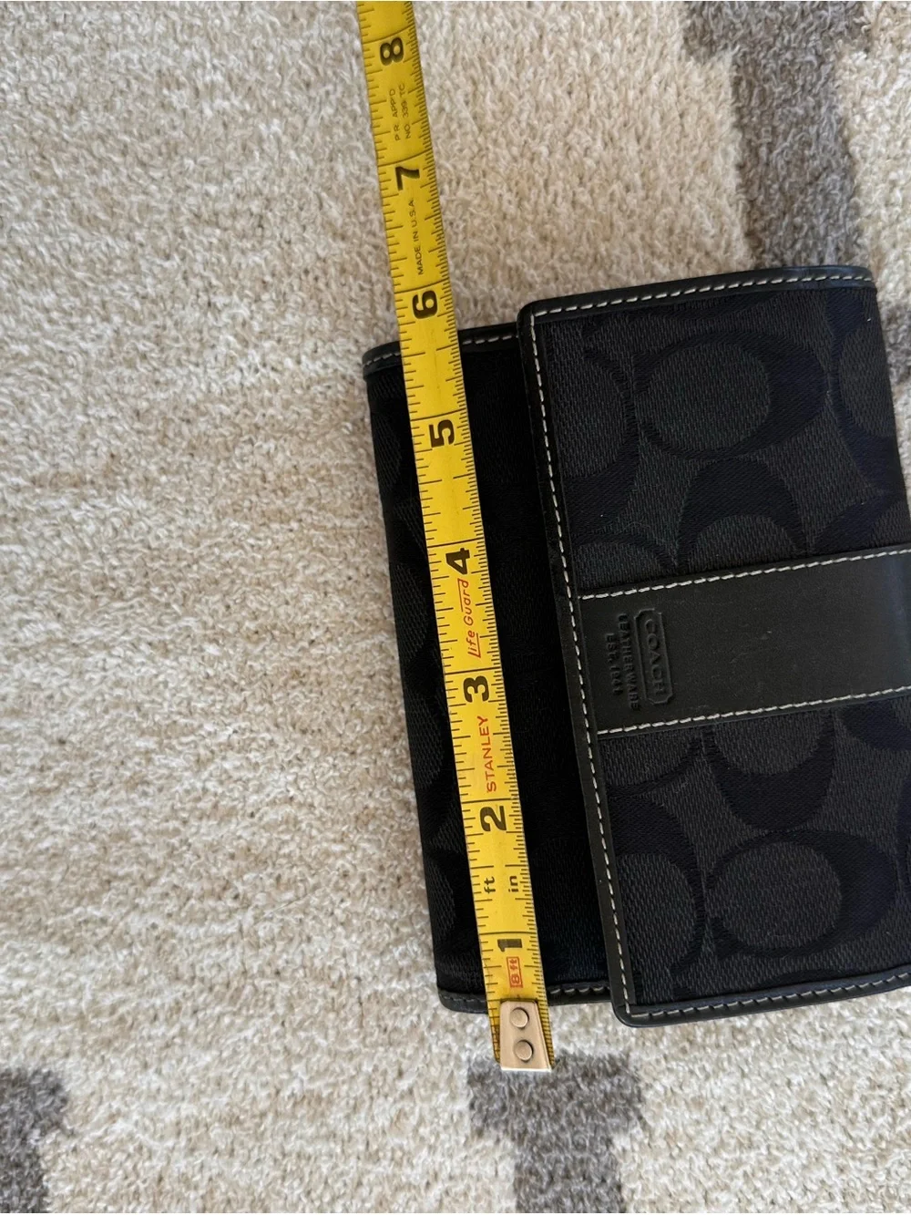 Coach Black Signature Canvas Trifold Wallet with Leather Trim